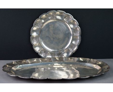 A Mexican sterling silver circular plate together a similar Mexican silver oval plate. 