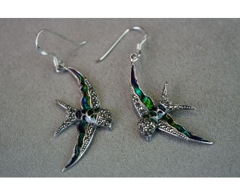 Pair of silver and enamel bird earrings 