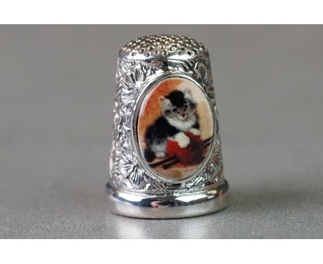 Silver thimble with enamel panel depicting a cat 