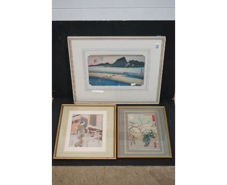 Oriental School, three Japanese pictures, portrait of a geisha &amp; two scenic views 
