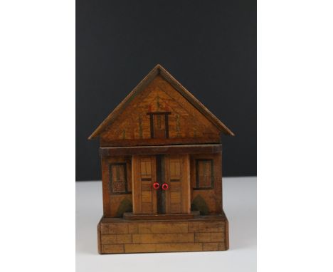 Vintage inlaid cottage tea caddy, with key, the doors opening to reveal lock 