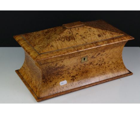 Early 19th century Beech Tea Caddy of Sarcophagus form, the hinged lid opening to three partitioned spaces, 36cm long 