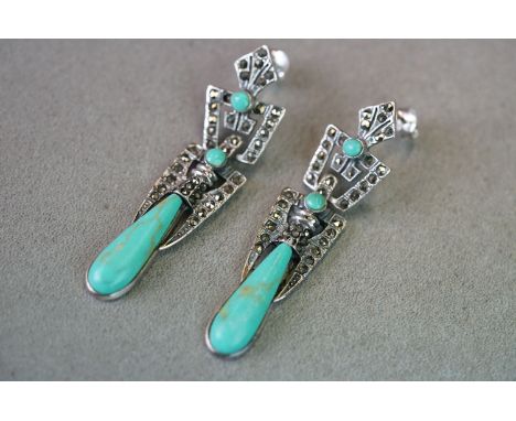 Pair of silver Art Deco style earrings set with marcasites and turquoise panels 