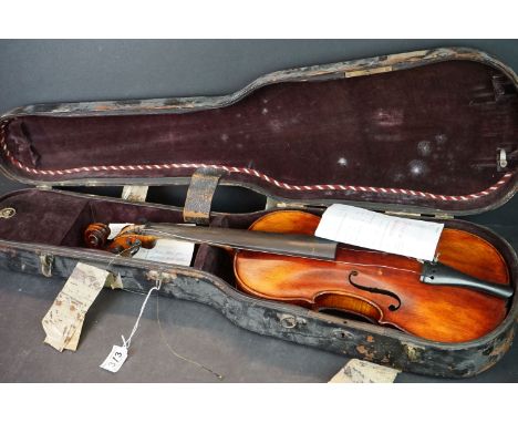 A vintage German violin, paper label to interior reads "Albin Wilfer", single piece back measures approx 14.5". 