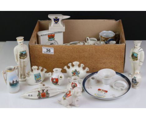 Approximately Thirty items of Souvenir Crested Ceramics including Goss, Carlton China, Arcadian, etc, ' Are we downhearted No