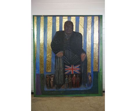 Philip Smith MBE ARCA (1928 - 2018), Large Oil with Gold Leaf Painting on Board titled ' Churchill Enthroned ' unsigned, 152.