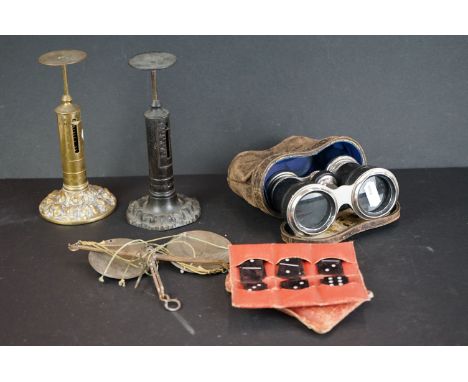 A box of mixed collectables to include two sets of Winfield postal scales, opera glasses, opium scales and a set of dominoes.