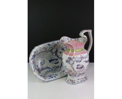 19th century Davenport Stone China Transfer Printed Wash Jug and Basin, jug 34cm high 