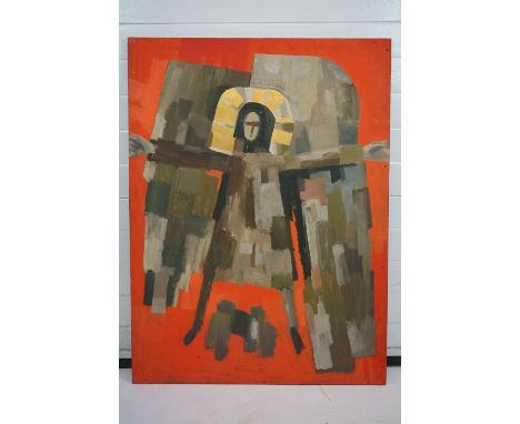Philip Smith MBE ARCA (1928 - 2018), Acrylic and Gold Leaf Relief Painting on Board titled ' Red Crucifixion ', unsigned, tit