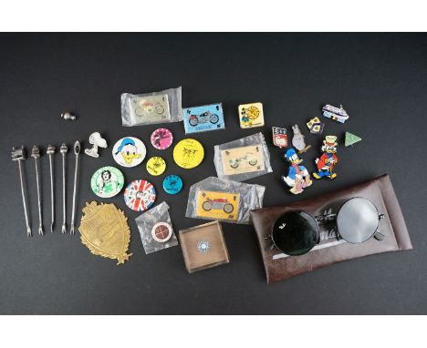 Various Enamel, Disney and other Badges together with Cased Miniature Millefiori Caithness Paperweight, ' The Empress Club ' 