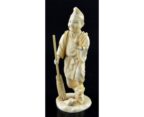 19th century Japanese ivory okimono, a man holding a bird on one hand and a broom in the other, 15.5 cms high, signed on base