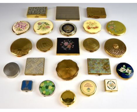 1950's and later powder compacts in a variety of designs and finishes, including enamel, engine turned gilt and embroidery, w