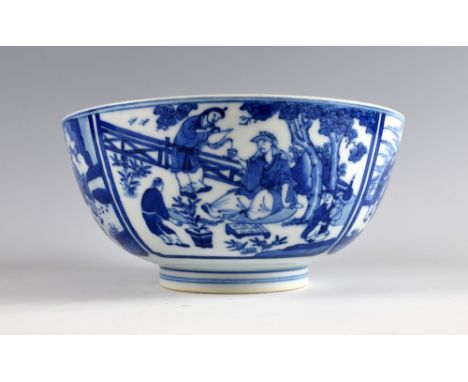 Chinese Kangxi porcelain blue and white bowl decorated with four panels of figures at various pursuits, the interior decorate