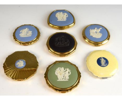 Six vintage Stratton Wedgwood Jasperware compacts, one with enamel and jasperware plaque, one black, the others in blue and a