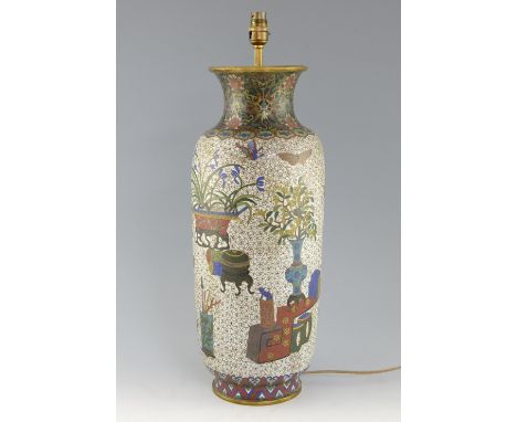 Chinese cloisonne enamelled vase, the white ground decorated in colours with auspicious objects, 53.5cm high, (drilled as a l