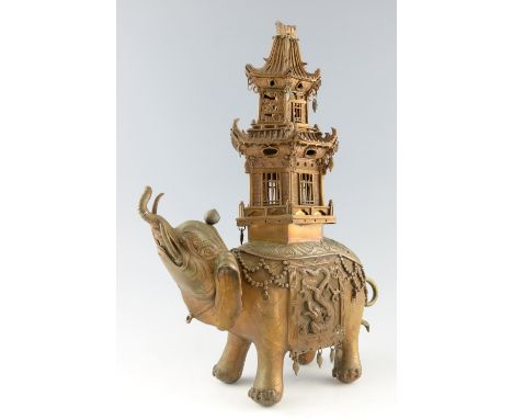 Chinese cast bronze censer in the form of an elephant with a pagoda on it's back, 50cm high,.   