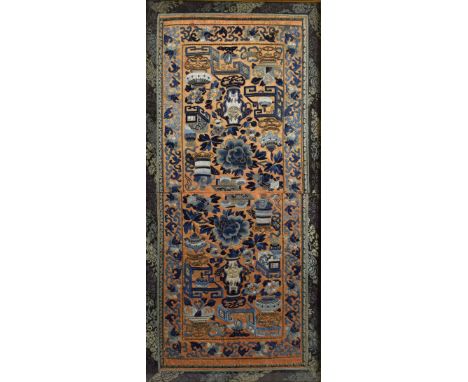 Chinese Qing dynasty silk panel, depicting a series of vessels with flowers and symbols, worked in Peking knot and satin stit