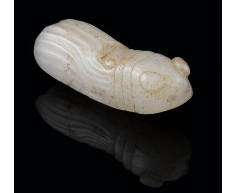 Chinese white and mottled brown carved jade cricket, 5cm long,.   