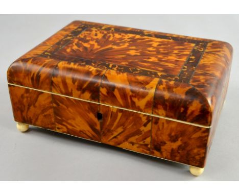  A 19th century tortoise shell sewing box, with ivory bun feet and stringing  (lacking contents) together with lace fragments