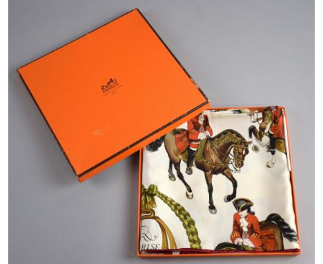 Hermes silk scarf in Reprise design (Mounted horsemen in 18th century uniform)  in original box, signed Ledoux with burgundy 