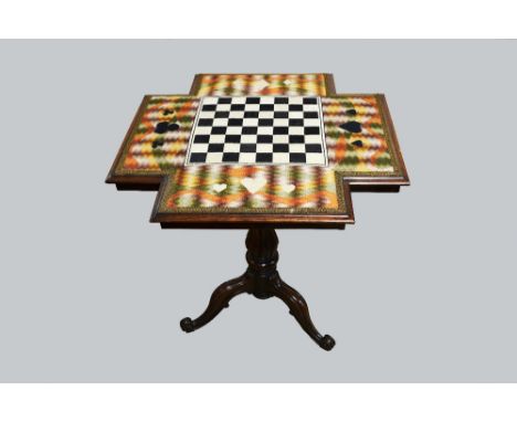  Unusual early 19th century mahogany games table with bargello  embroidered games board to the cruciform top, on tripod base.