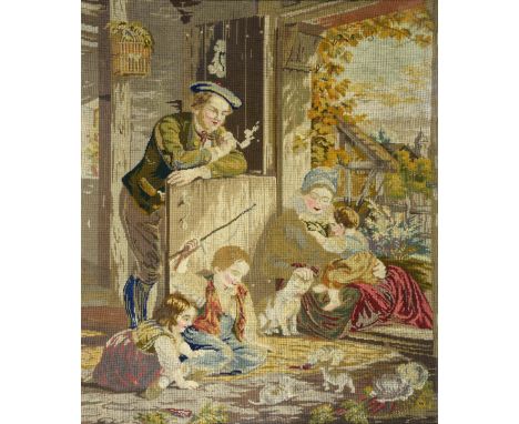 Large 19th century wool work Tapestry depicting a rural scene with children playing with their kittens watched by their paren