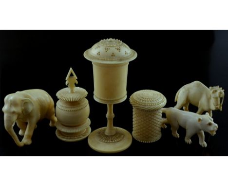 Late 19th century Chinese ivory miniature goblet and cover, 10 cms high, an ivory Chinese round box, a chess piece and three 