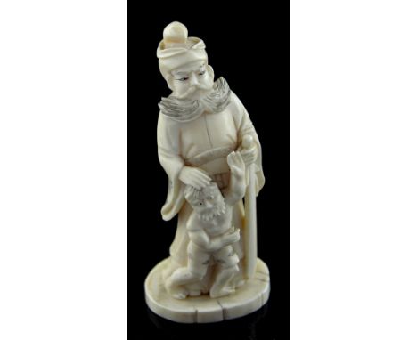 19th century Japanese carved ivory okimono, of a bearded potentate with a sword in his hand, a second small bearded figure by