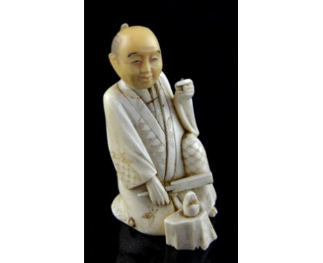 19th century Japanese carved ivory okimono of a seated man, Meiji period, 9 cms highProvenance; Deceased estate. Private UK c