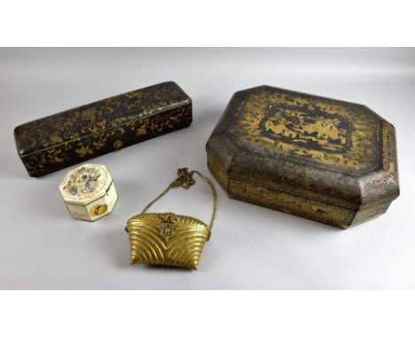  19th C Japanese lacquer box containing a quantity of vintage cotton reels, together with an octagonal Chinese lacquer box de