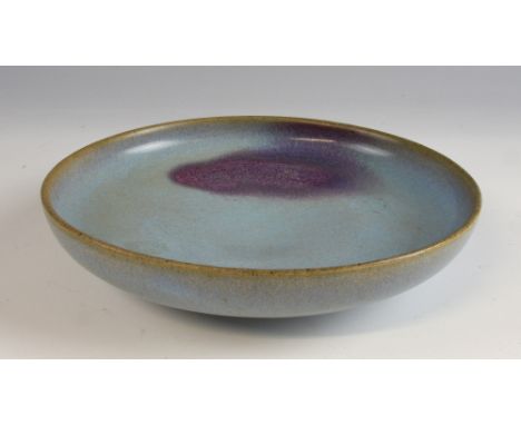 Chinese light blue and purple glazed dish on round foot, 20cm diameter,.   