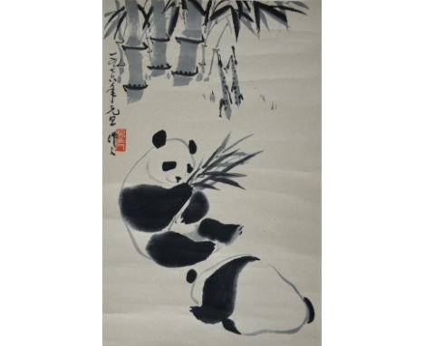 AMENDED DESCRIPTION Chinese PRINTED scroll depicting two pandas amongst bamboo, with calligraphy and red seal mark, image siz