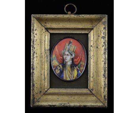 19th century Indian oval portrait miniature on ivory painted in colours, depicting a Maharani, 6cm x 5cm, Provenance; Decease