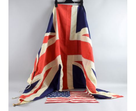 Union Jack flag composed of fine wool fabric panels edged on pole side with cotton (184 x 95 cm), together with a small cotto