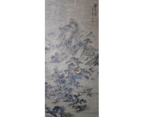 Chinese printed scroll depicting two seated figures in a landscape, with calligraphy and red seal mark, image size 132cm x 61