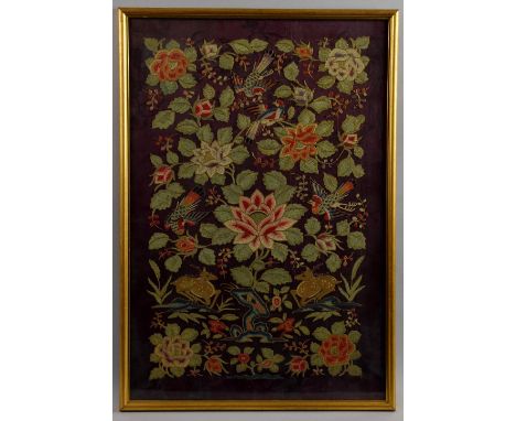 Chinese embroidered panel of semi-formal design, the purple ground finely worked in Peking knot stitch within a border of cou