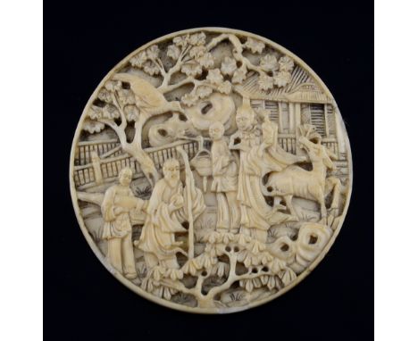 19th century Chinese carved ivory relief with figures and deer in an outdoor setting, 6cm diameter,Provenance; Deceased estat