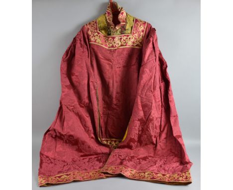 Antique men's Renaissance theatrical costume in raspberry red and gold brocade comprising tunic with slashed sleeves, insert 