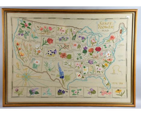  American states sampler embroidered with different flowers in coloured threads on a beige ground to represent each state wit