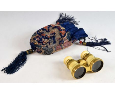 Early 20th century pair of ivory and gilt metal mounted opera glasses, by Josiah Somalvico & Co., London, in Chinese  embroid