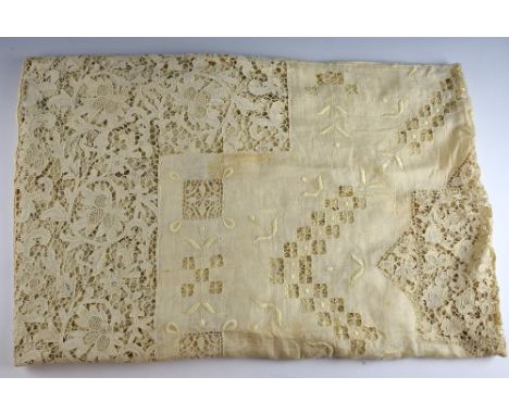  An Edwardian cream lace and embroidered voile bedspread with floral and foliate designs 232 x 244 cm.    Very good condition