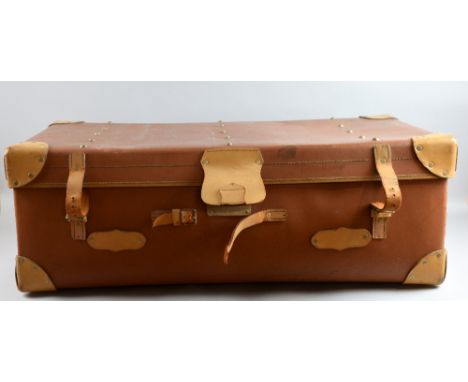 Brown fibre steamer trunk with leather fittings, cream hide semi circular shoe box with British Steam Navigation Company labe