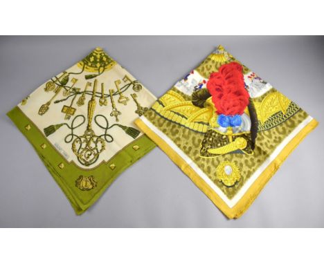 Hermes scarves featuring Casques et Plumets (Helmets and Plumes) with gold border, signed J Abadie and another pale green in 
