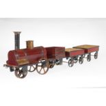 Bodenläufer-Zug, mit Lok und 2 Wagen, Gussräder, HL, Spurweite 100 mm, NV, tw nachlackiert,