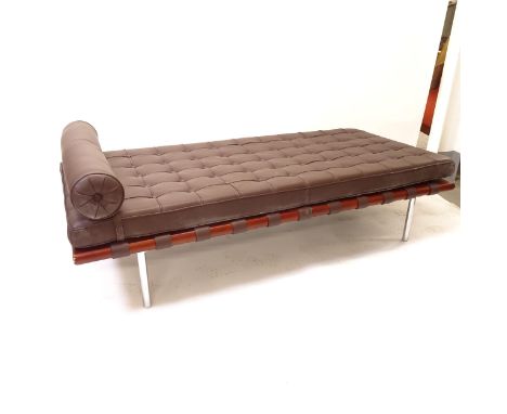 An LC mid-century design brown leather and chrome daybed, L180cm 