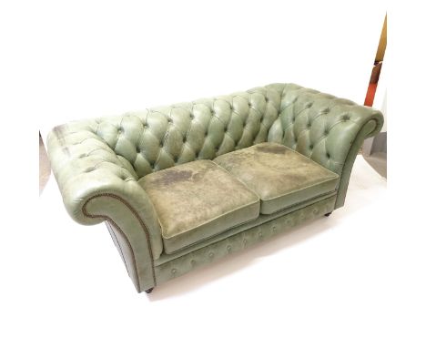 An Antique green leather-upholstered button-back 2-seat sofa, L180cm 