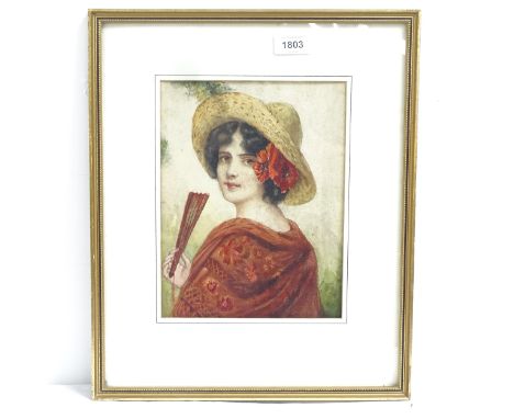 19th century watercolour, portrait of a girl with a fan, indistinctly signed, 25cm x 19cm, framedSlight paper discolouration,