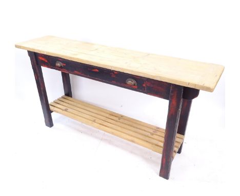 A Vintage pine-top 2-tier side table/wood bench, on painted base with single frieze drawer, L182cm, H91cm, D44cm 