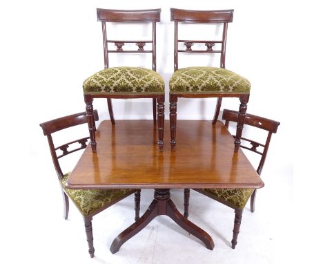 A 19th century mahogany rectangular tilt-top breakfast table, W100cm, H74cm, D96cm, and a set o f4 Antique upholstered dining