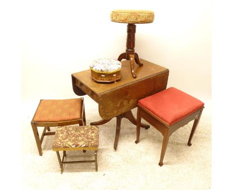 A 19th century mahogany Pembroke table, with single end drawer, L82cm, H72cm, D46cm, a Victorian tapestry upholstered stool o